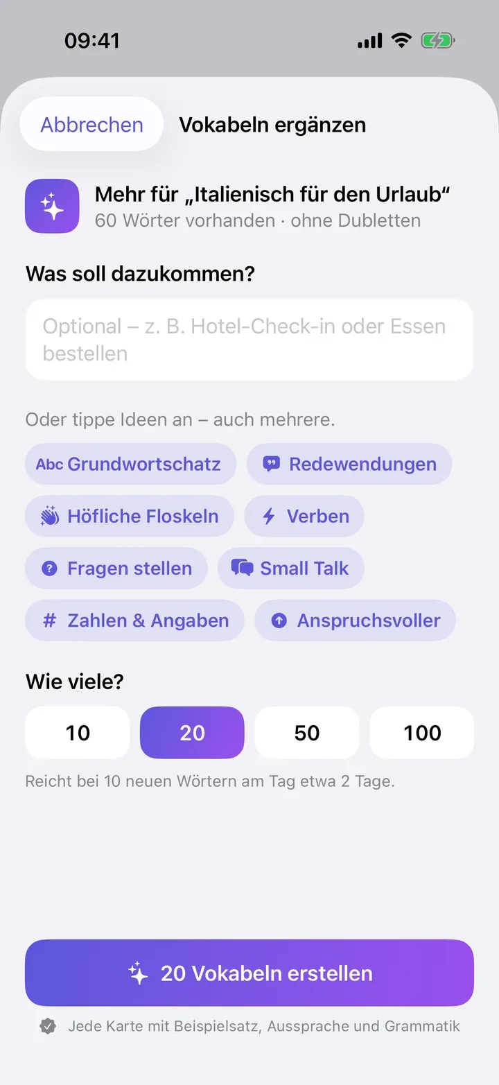 Vokabeln ergänzen: Ideen wie Grundwortschatz und Redewendungen auswählen und 20 Vokabeln erstellen