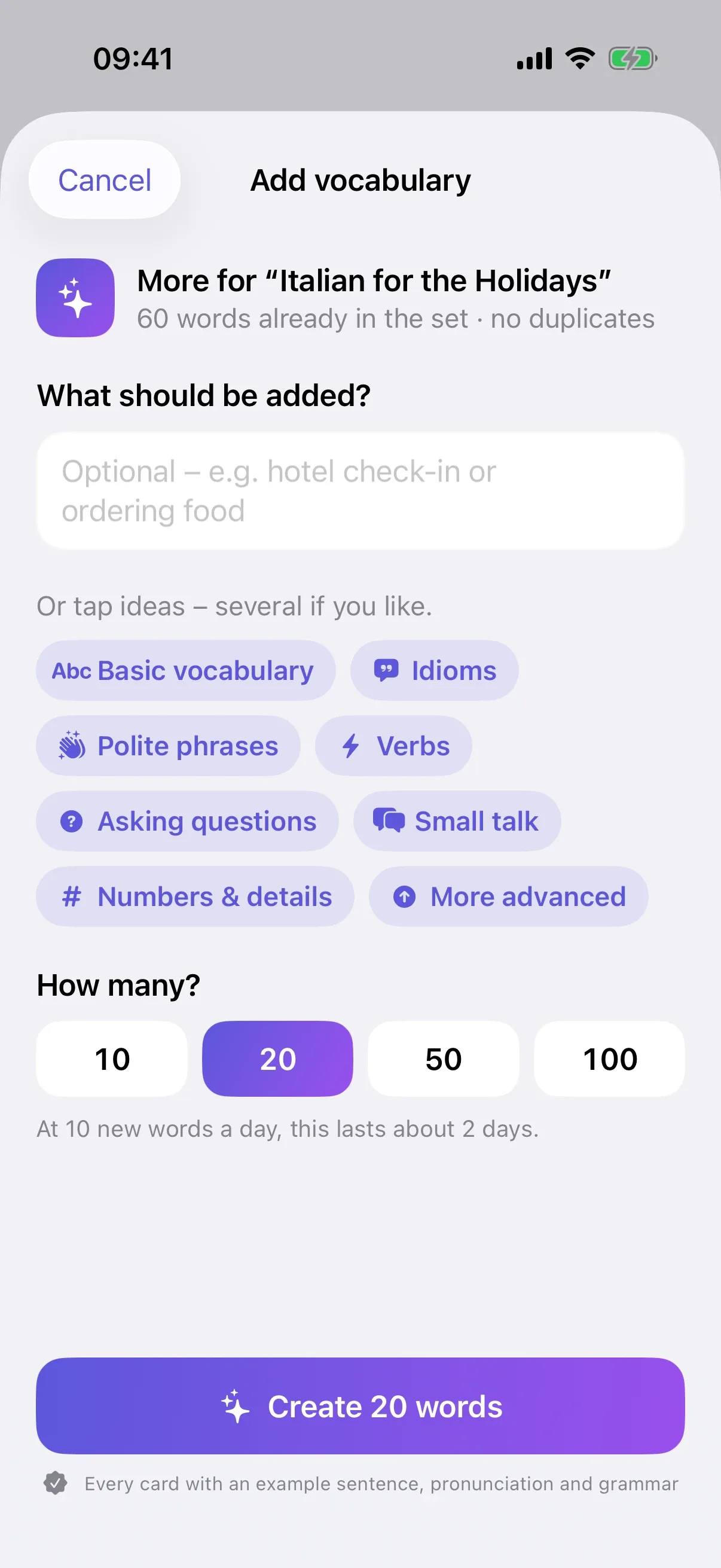 Add vocabulary: choosing ideas like basic vocabulary and idioms and creating 20 words