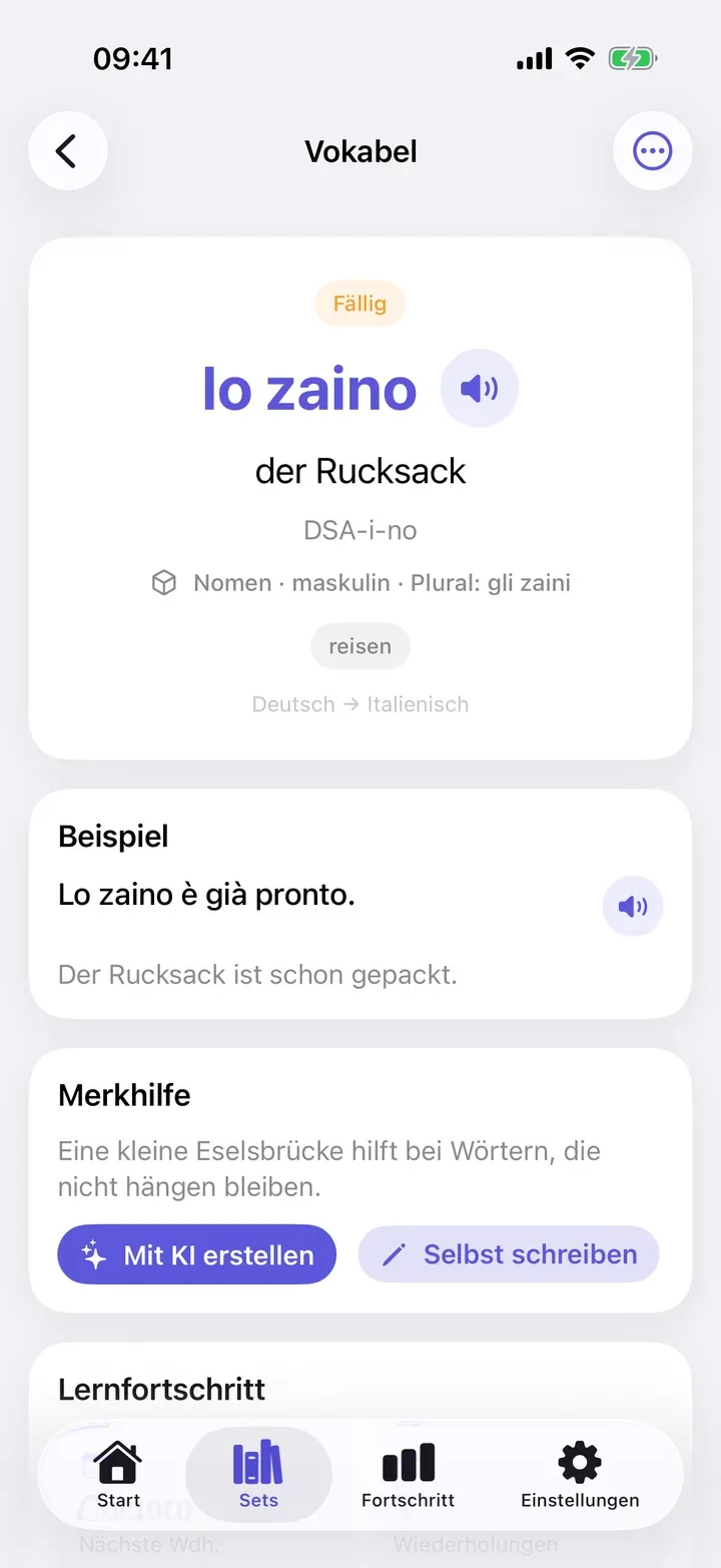 Vokabel lo zaino mit Aussprache, Grammatik und Beispielsatz