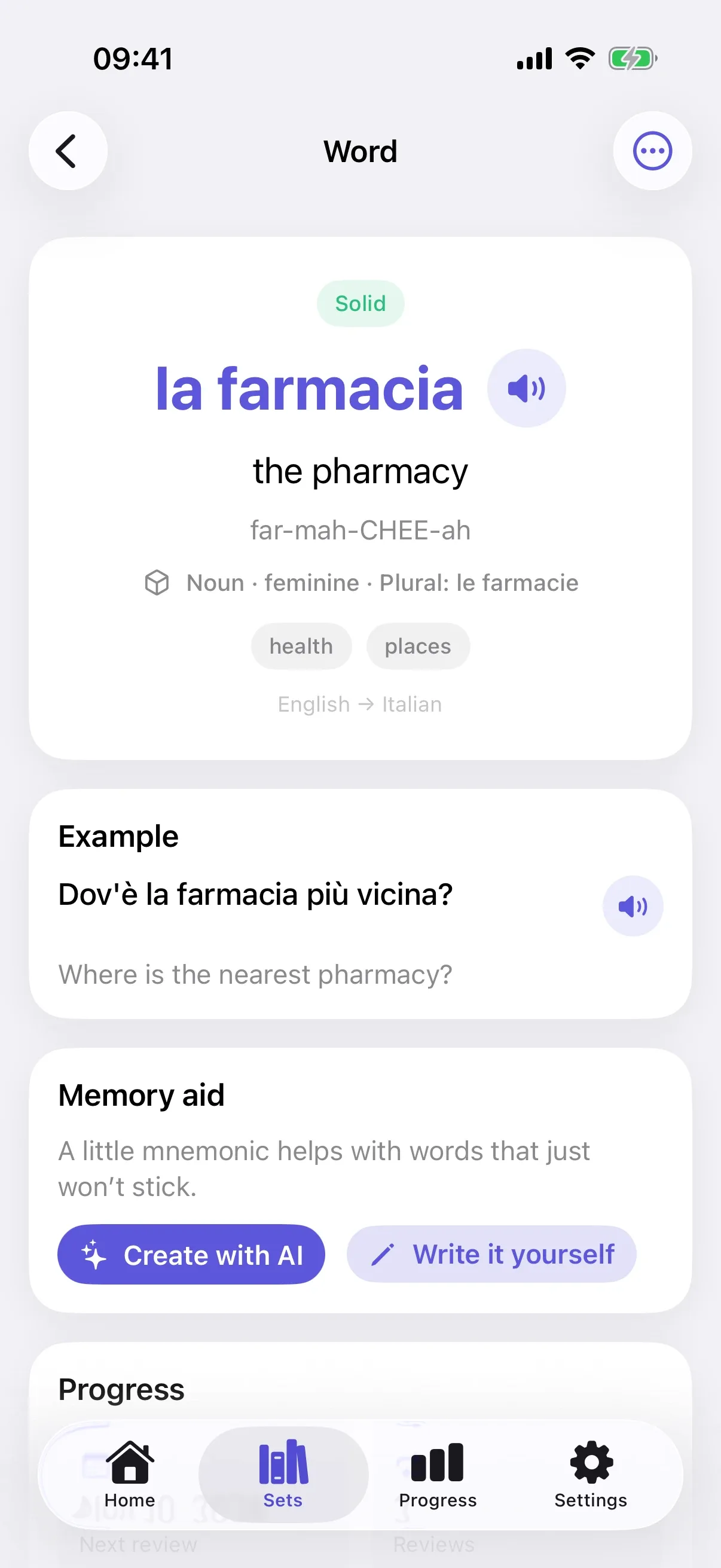 The word la farmacia with pronunciation, grammar and example sentence