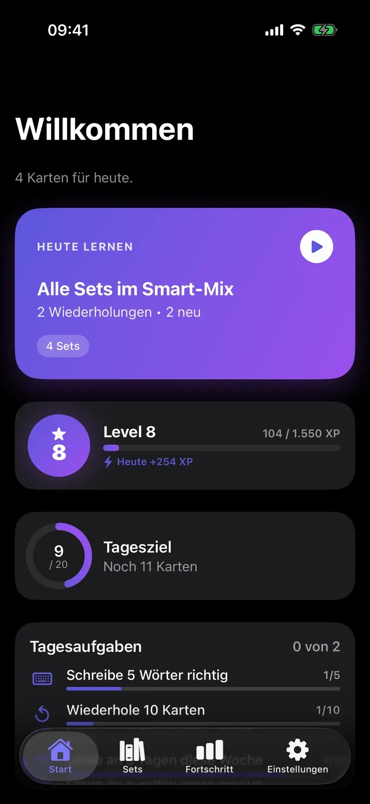 Startseite im Dunkelmodus