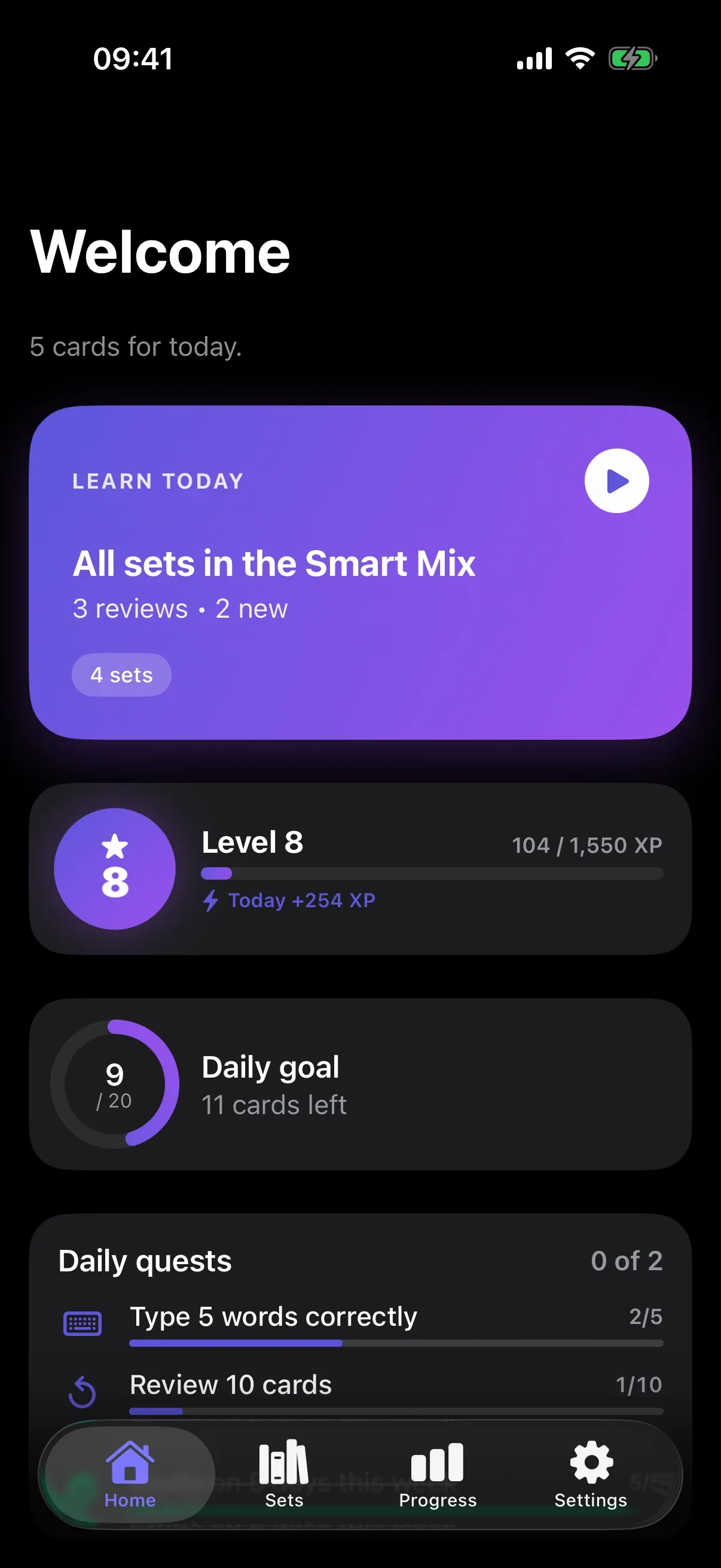Home screen in dark mode