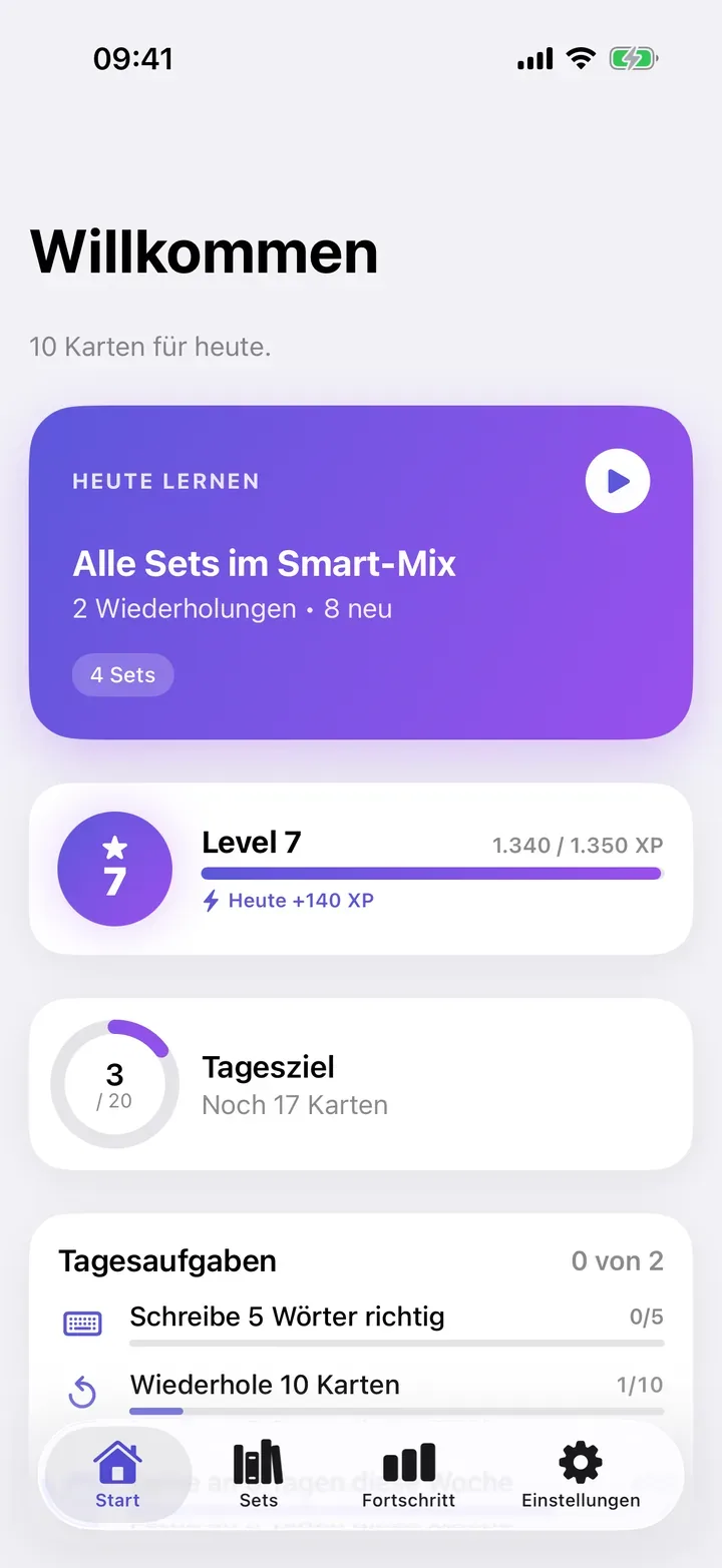 Sayumi-Startseite: Heute lernen im Smart-Mix, Level 7 und Tagesziel