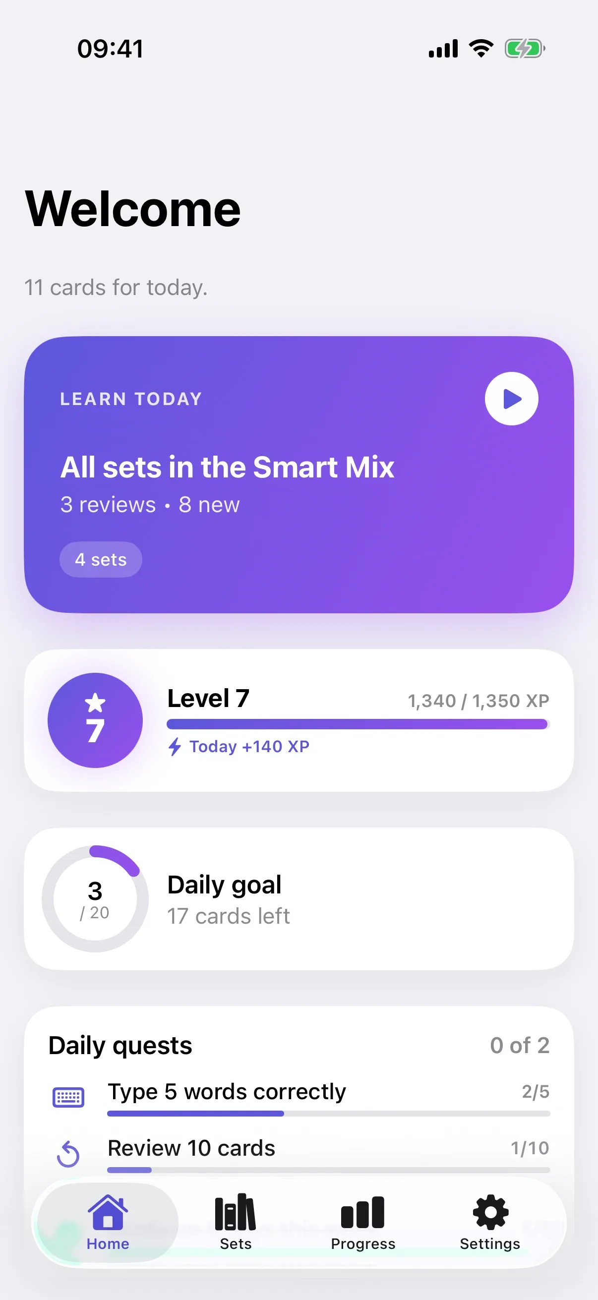 Sayumi home screen: today’s session in the Smart Mix, level 7 and daily goal