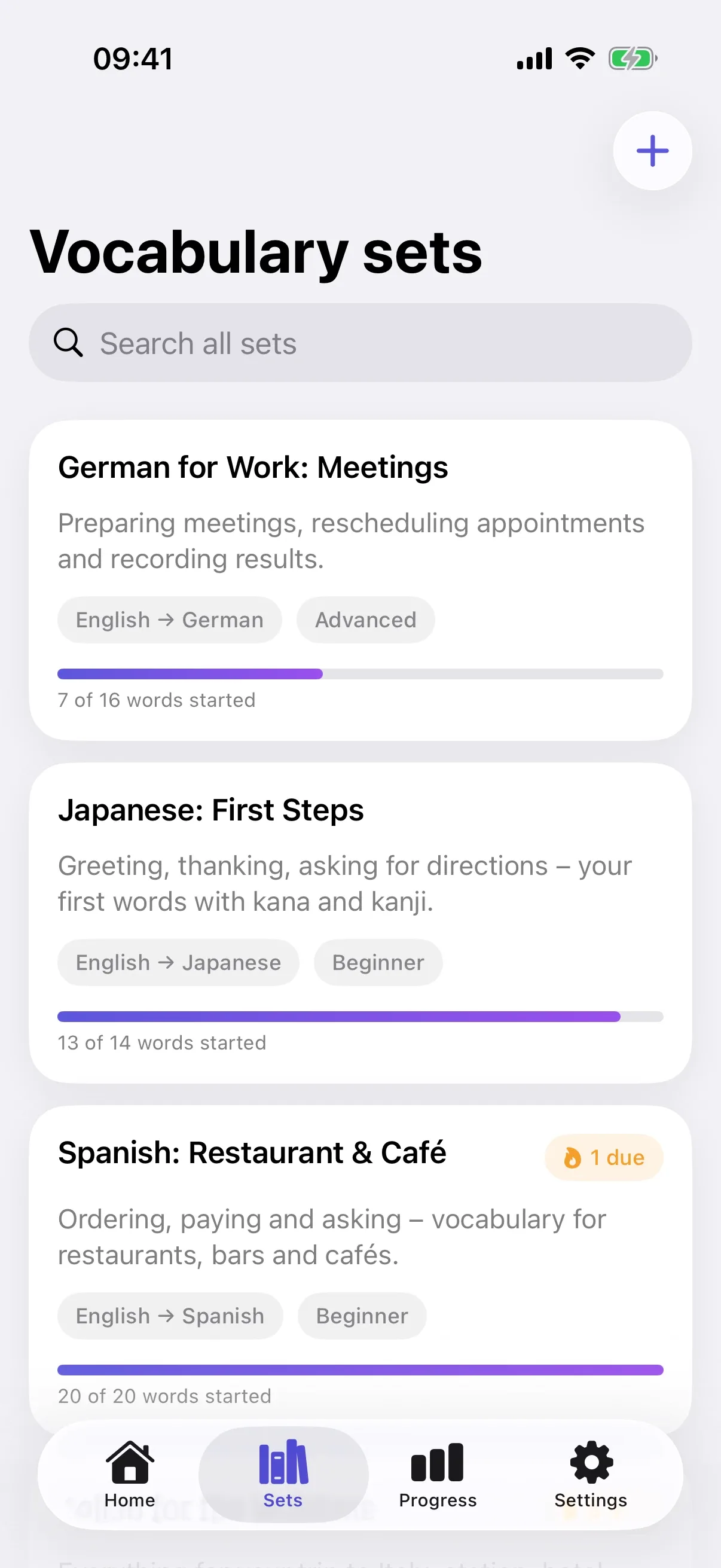 Library with sets for German, Japanese and Spanish