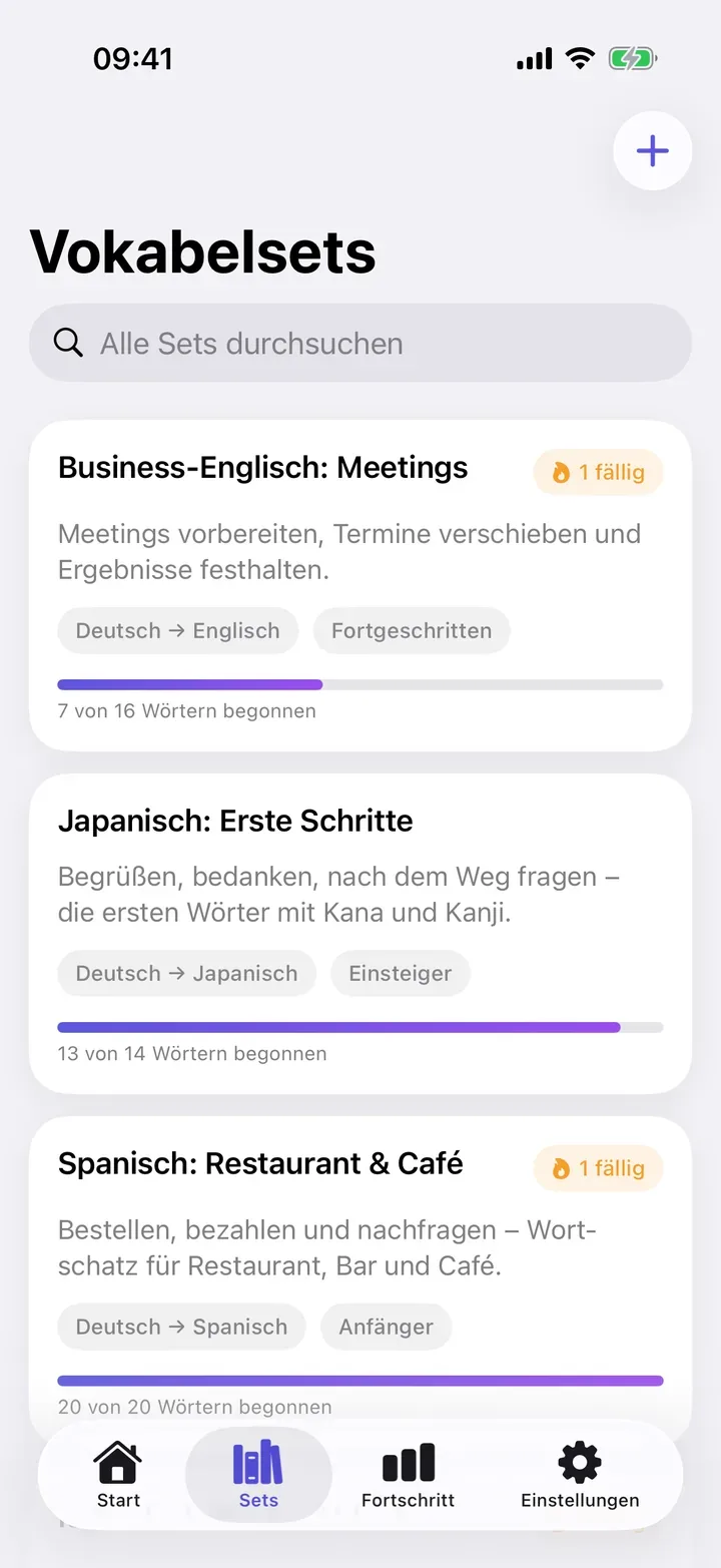 Bibliothek mit Sets auf Englisch, Japanisch und Spanisch