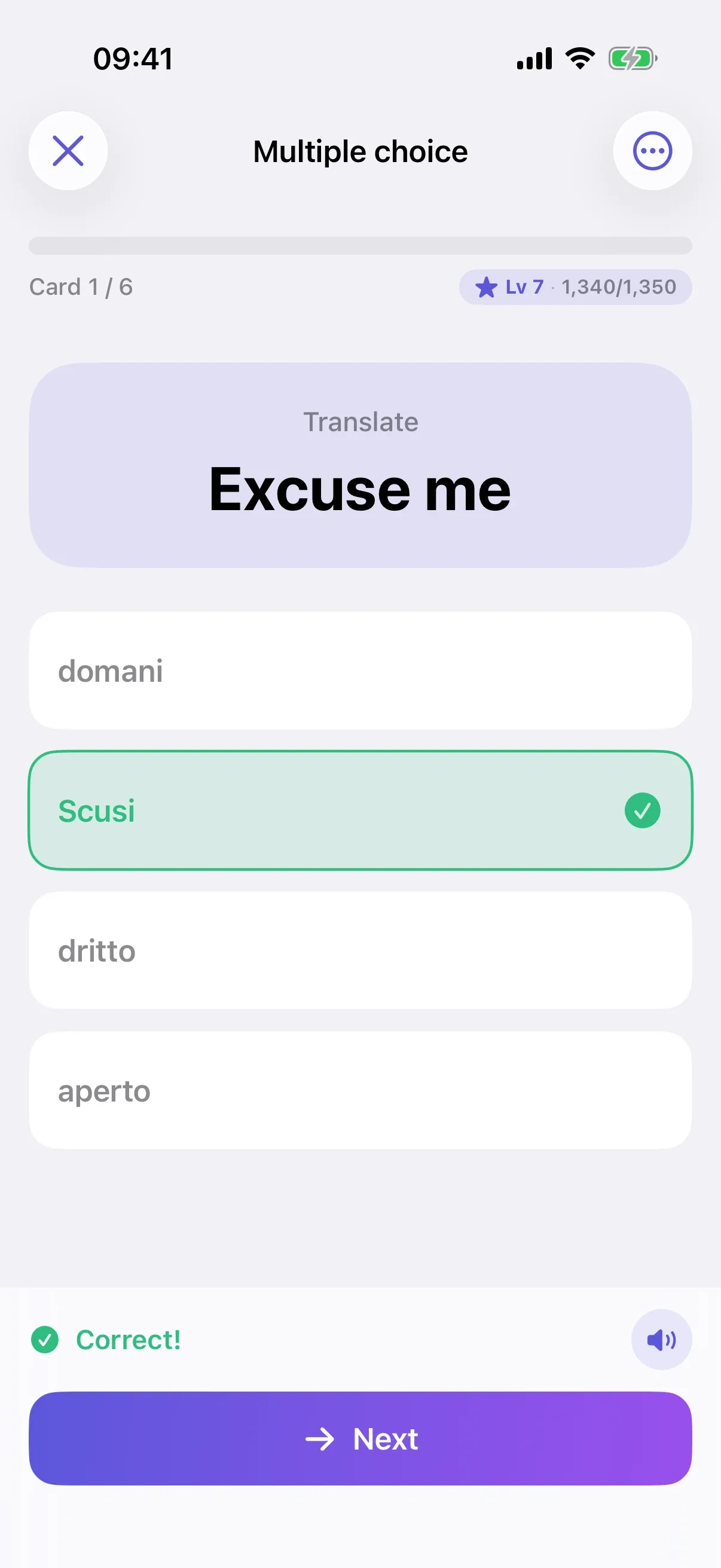 Multiple choice in Italian: Excuse me – Scusi, answered correctly