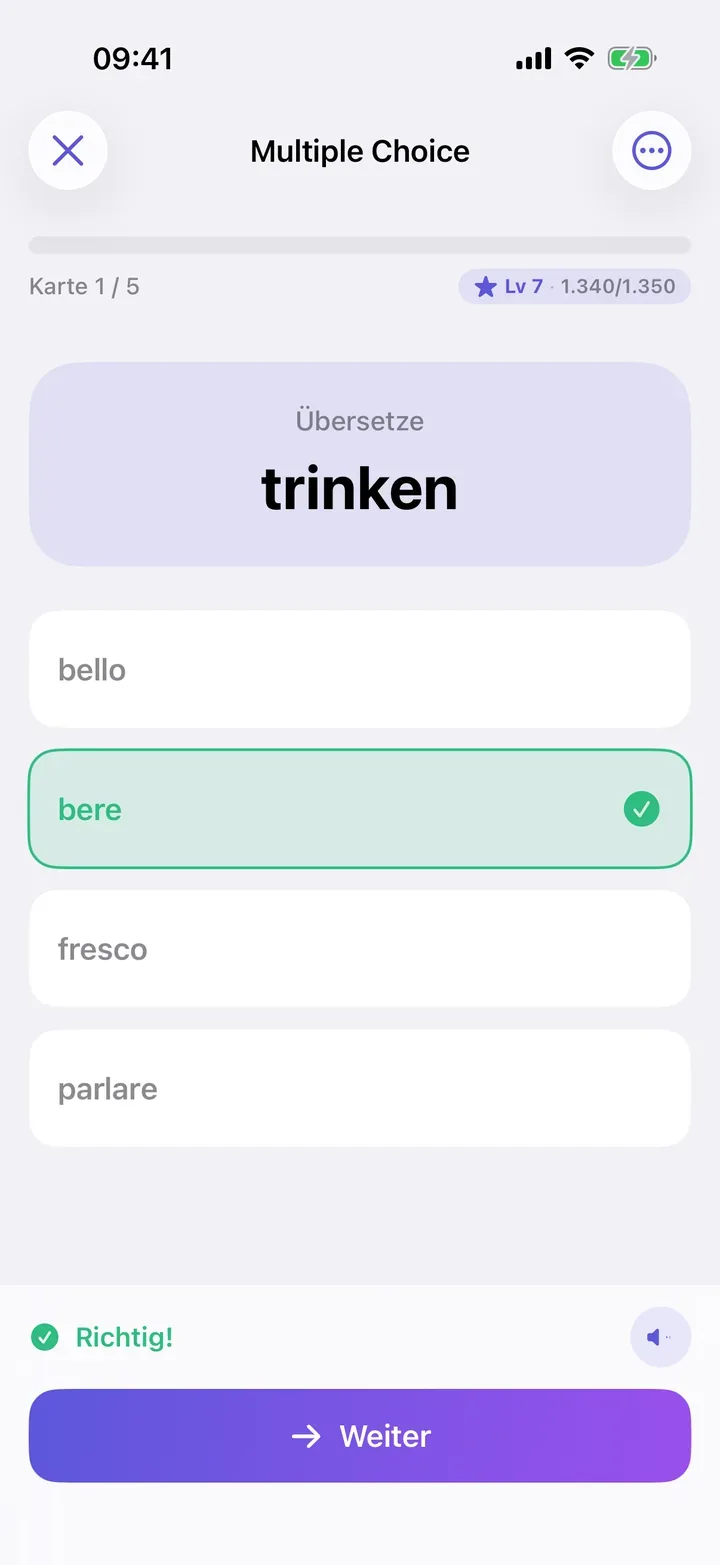 Multiple Choice auf Italienisch: trinken – bere, richtig beantwortet