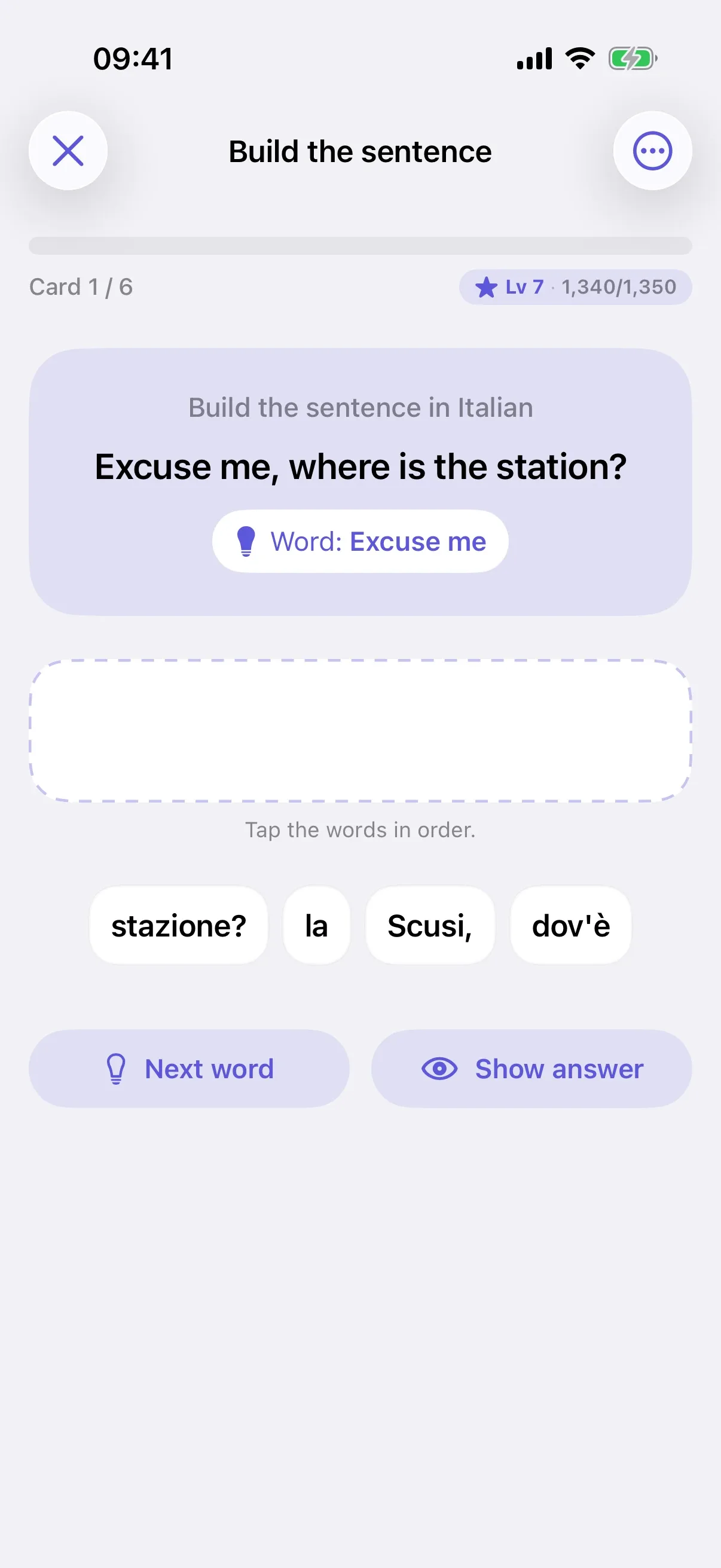 Build the sentence: putting word blocks into the Italian example sentence