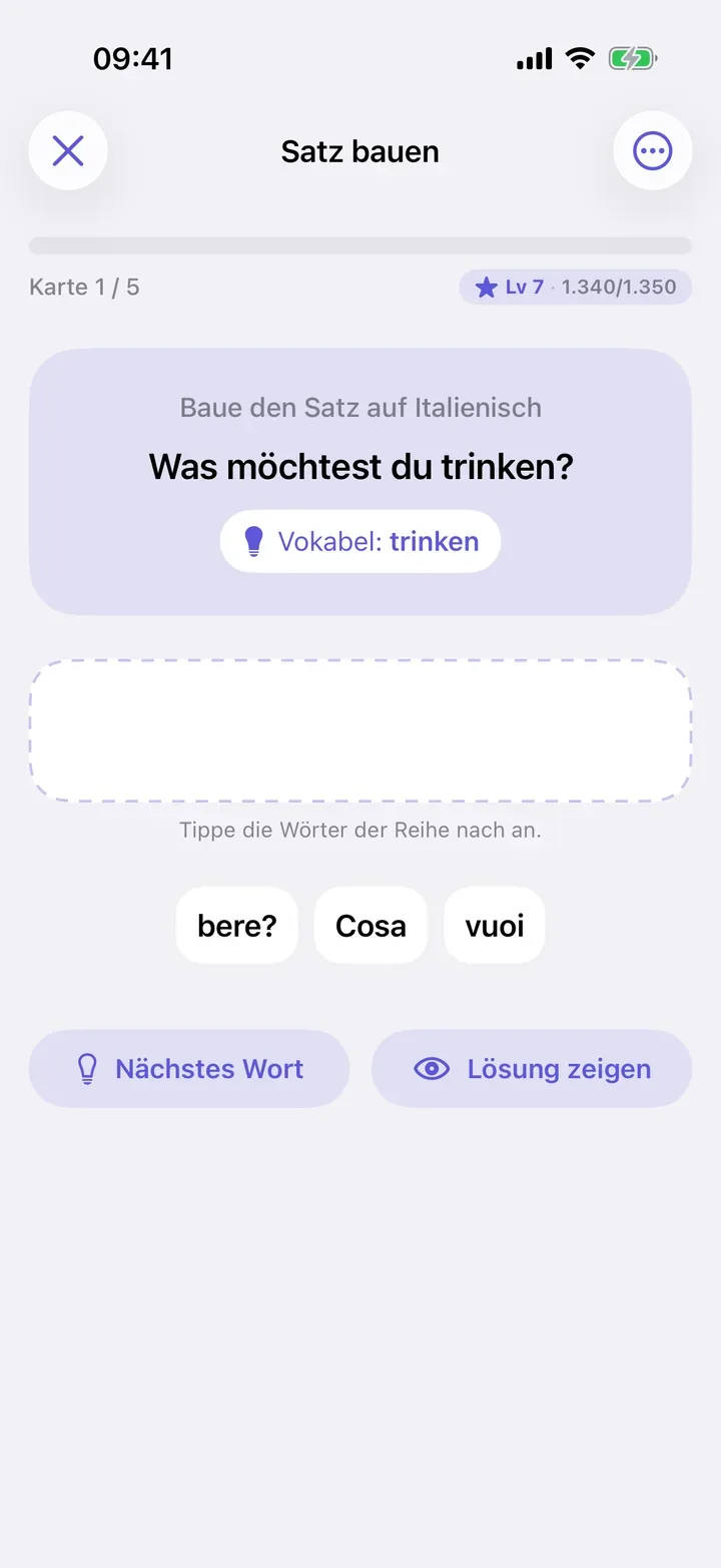 Satz bauen: Wortbausteine zum italienischen Beispielsatz ordnen