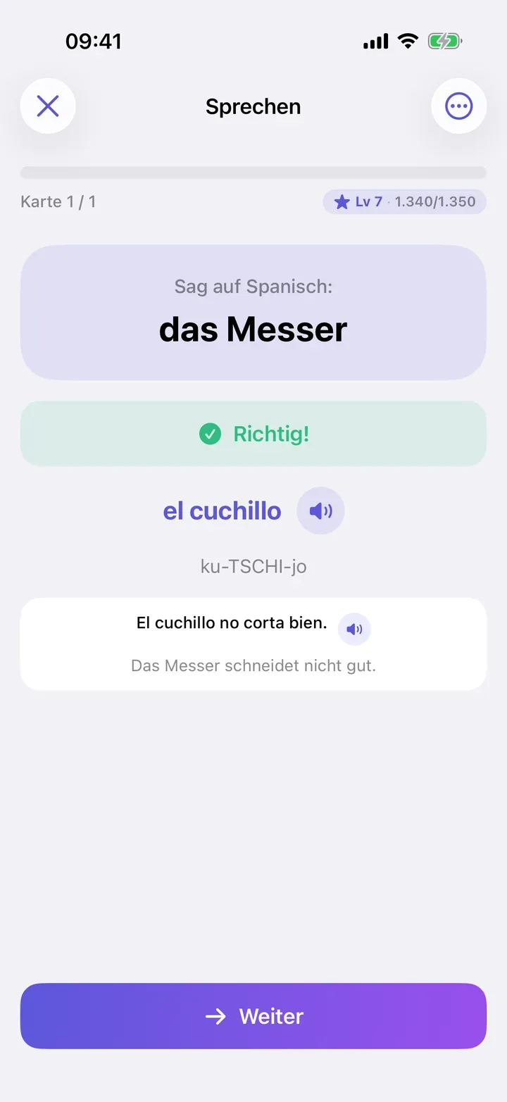 Sprechen auf Spanisch: das Messer – el cuchillo, richtig erkannt