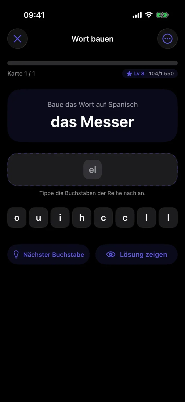 Wort bauen auf Spanisch im Dunkelmodus