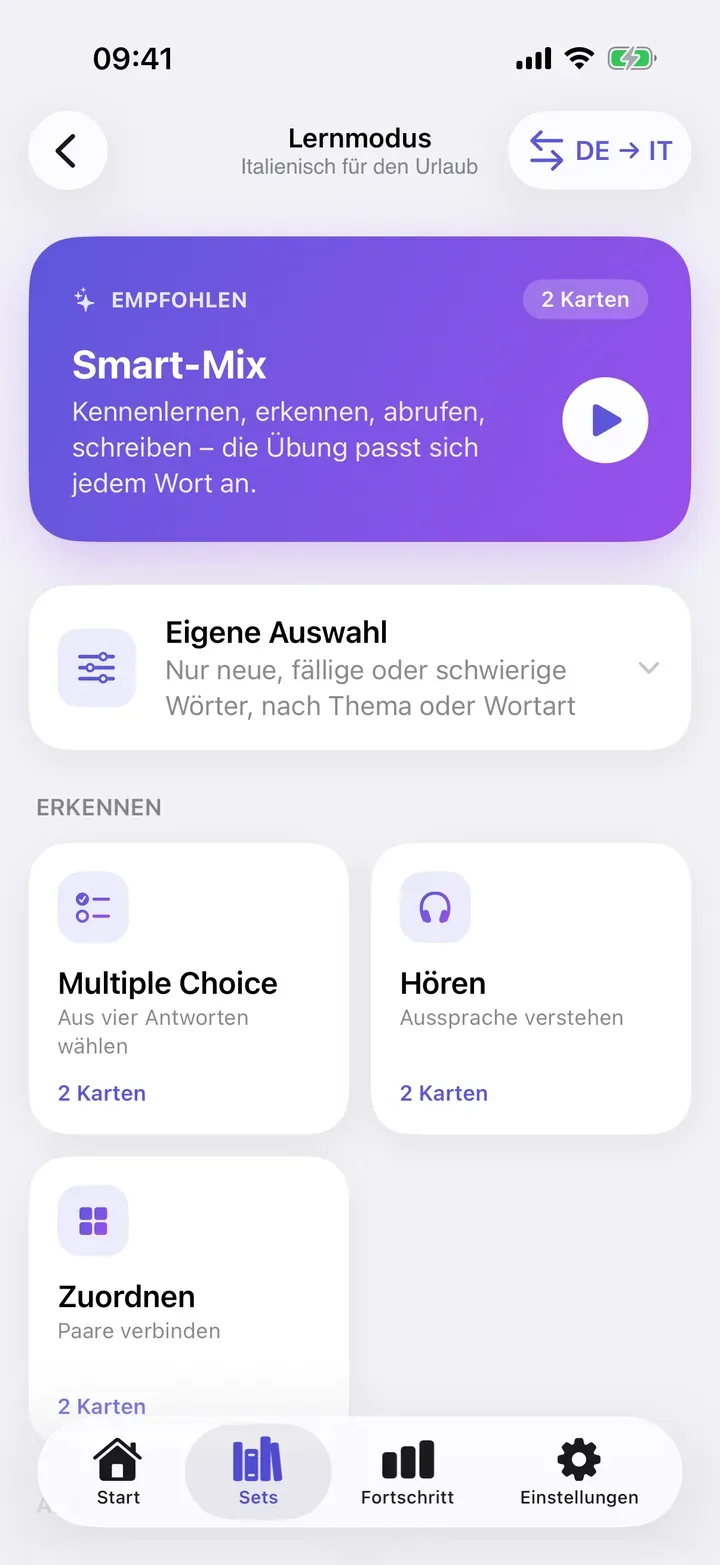 Auswahl der Lernmodi mit Smart-Mix