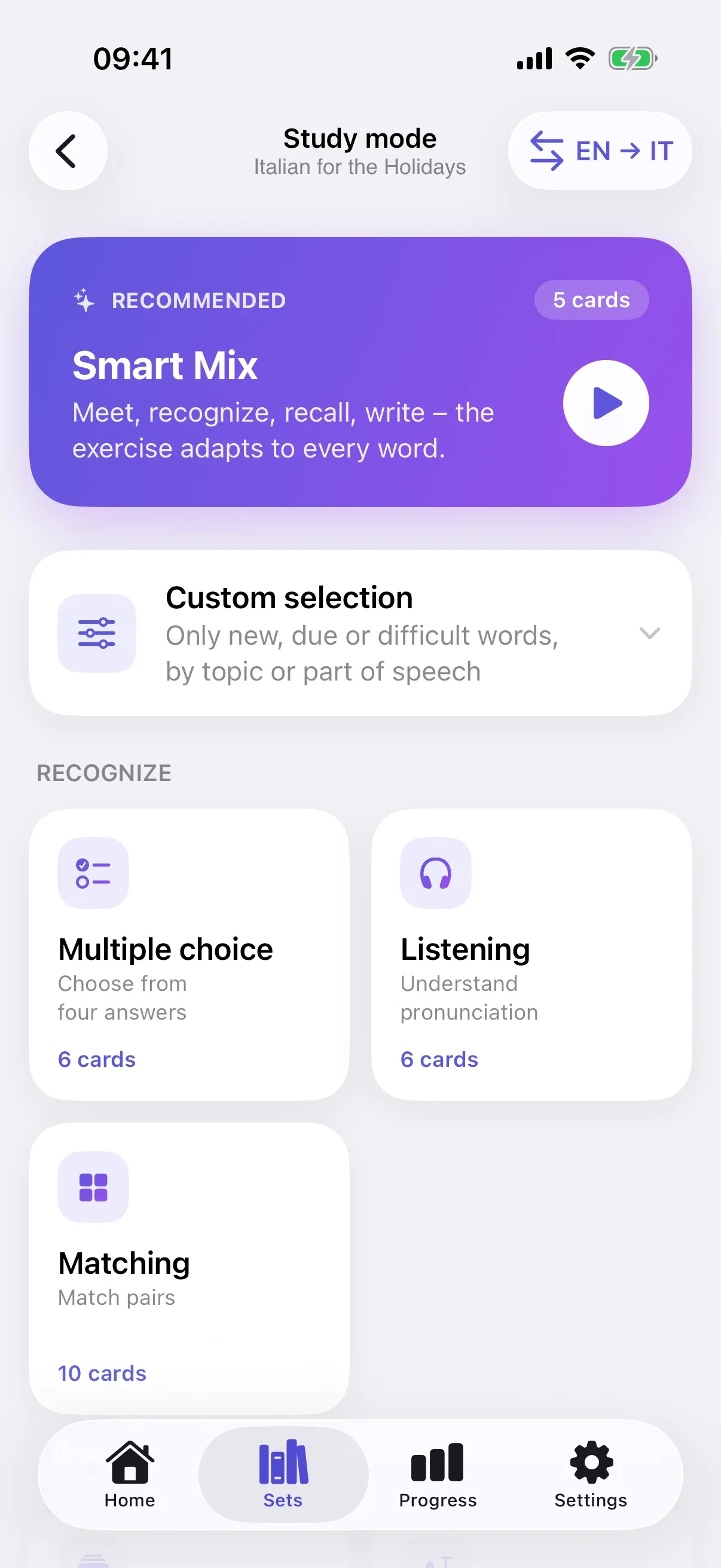 Choosing a study mode, including the Smart Mix
