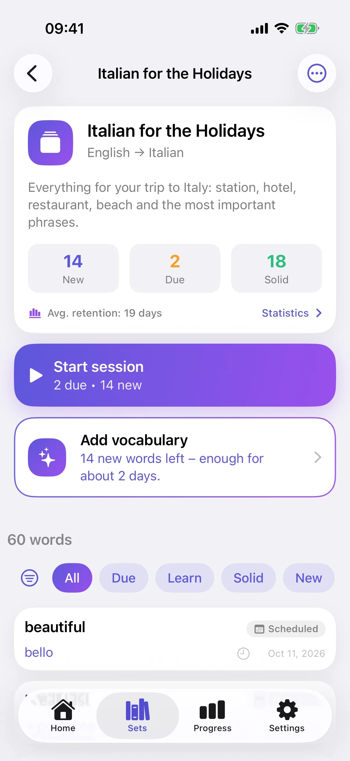 The set “Italian for the Holidays” with 14 new, 2 due and 18 solid words
