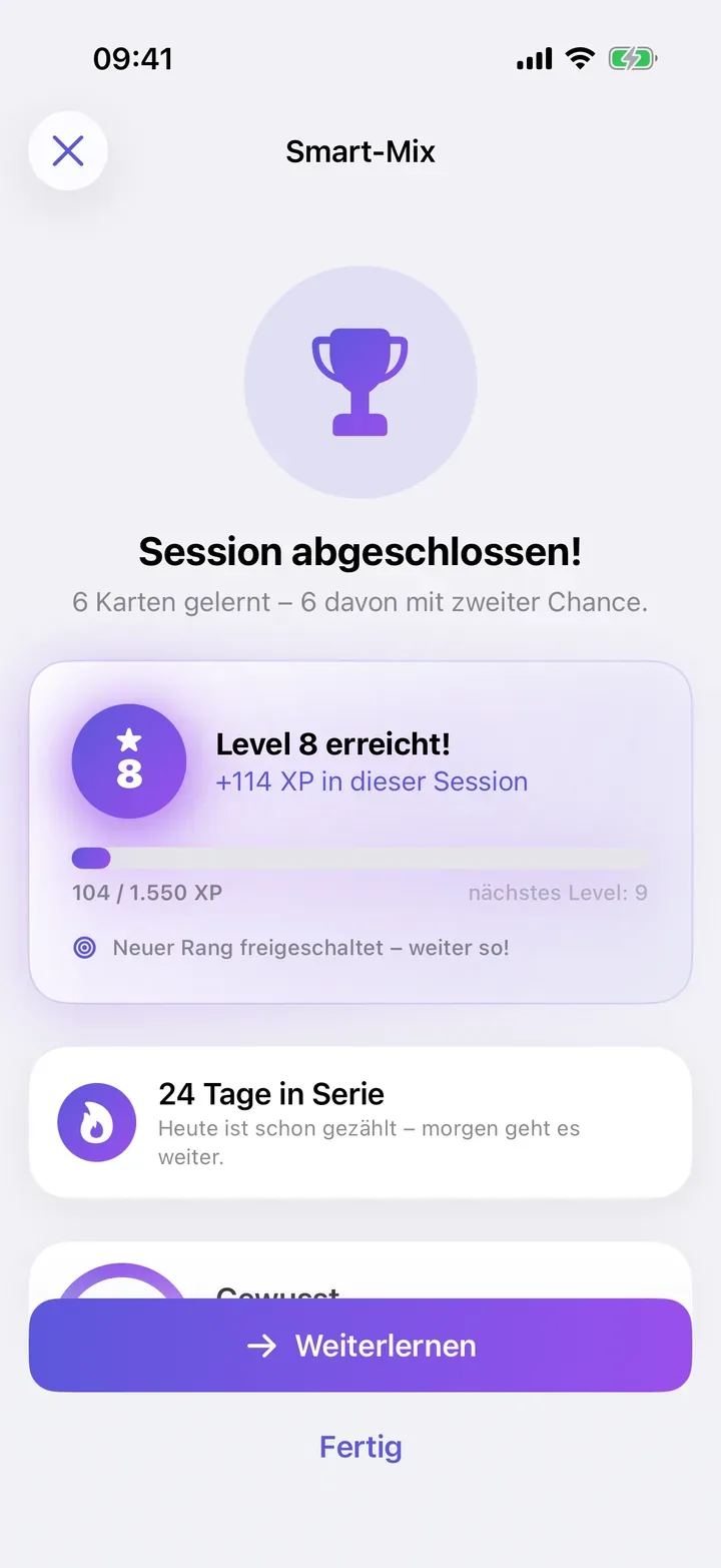 Zusammenfassung nach der Session: Level 8 erreicht und 24 Tage in Serie