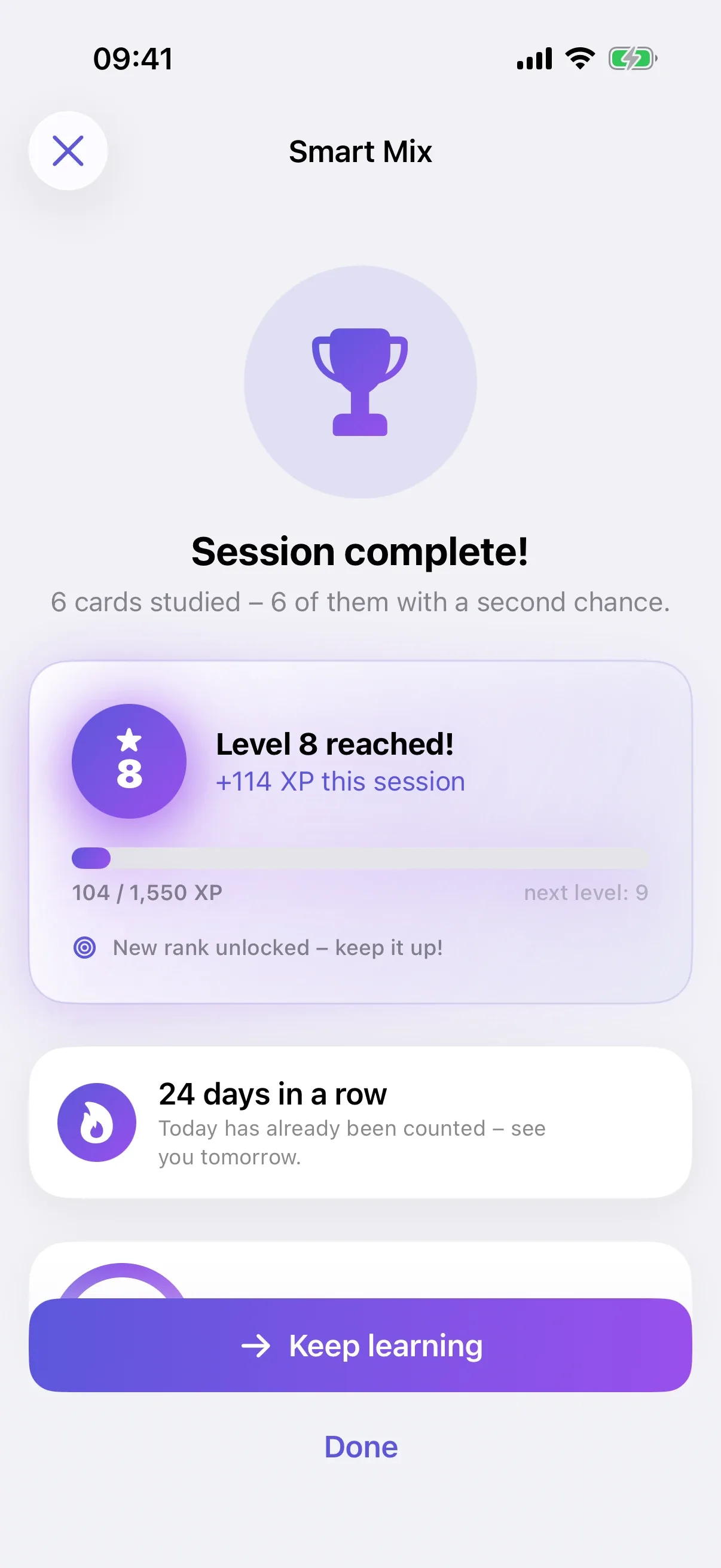Session summary: level 8 reached and a 24-day streak